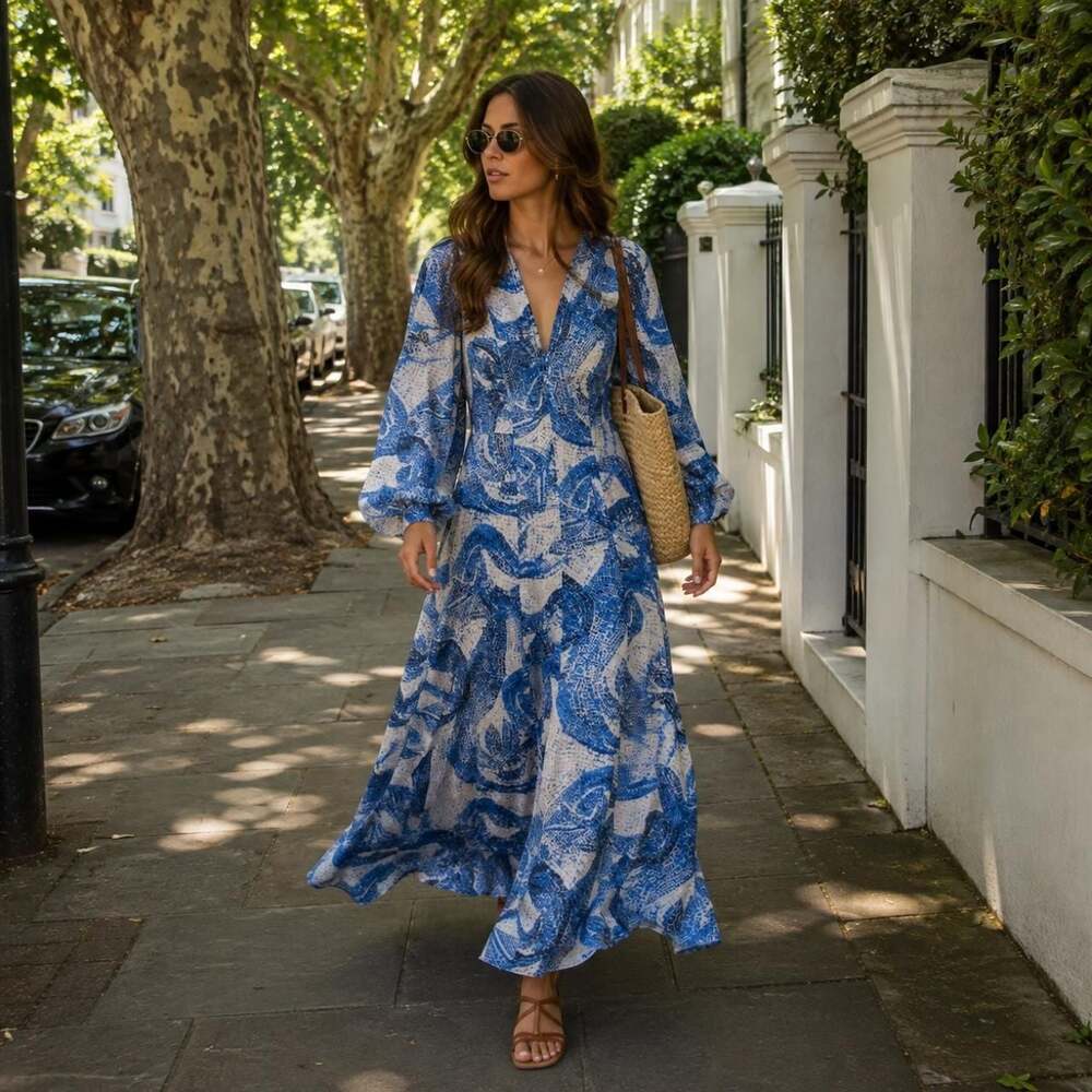 H&M Conscious Exclusive Blue White Print Maxi Dress